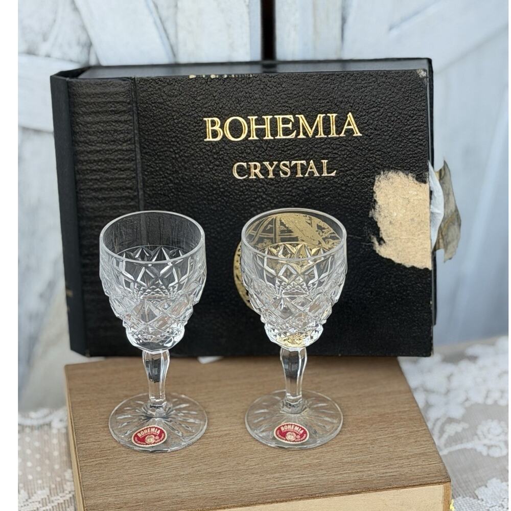 Bohemia Crystal 24% PbO Cut Glass Cordial Set of 2 Czechoslovakia w/ Box